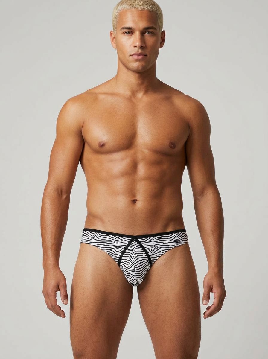 Men's black and white striped mini bikini brief by Male Power, showcasing a snug fit and bold stripe design.