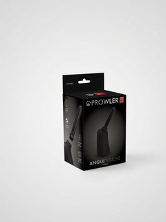 Black Prowler RED 350ml angle anal cleansing douche shown with nozzle and bottle for hygienic anal cleansing.
