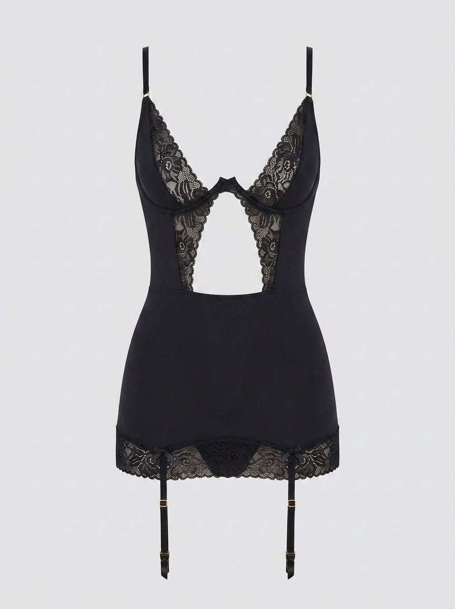 Rene Rofe Take An Elle chemise set featuring a silky babydoll with lace details and adjustable straps, perfect for intimate wear.