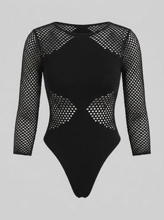 Model wearing the Pink Lipstick Definitive Diva Long Sleeve Mesh Backless Bodysuit, embodying allure and confidence in a seductive fashion.