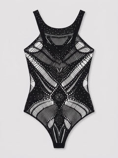 Baci Diamonte Sheer Shimmer Cut-Out Lingerie Bodysuit Black rear view with high-cut hips and Brazilian-style back
