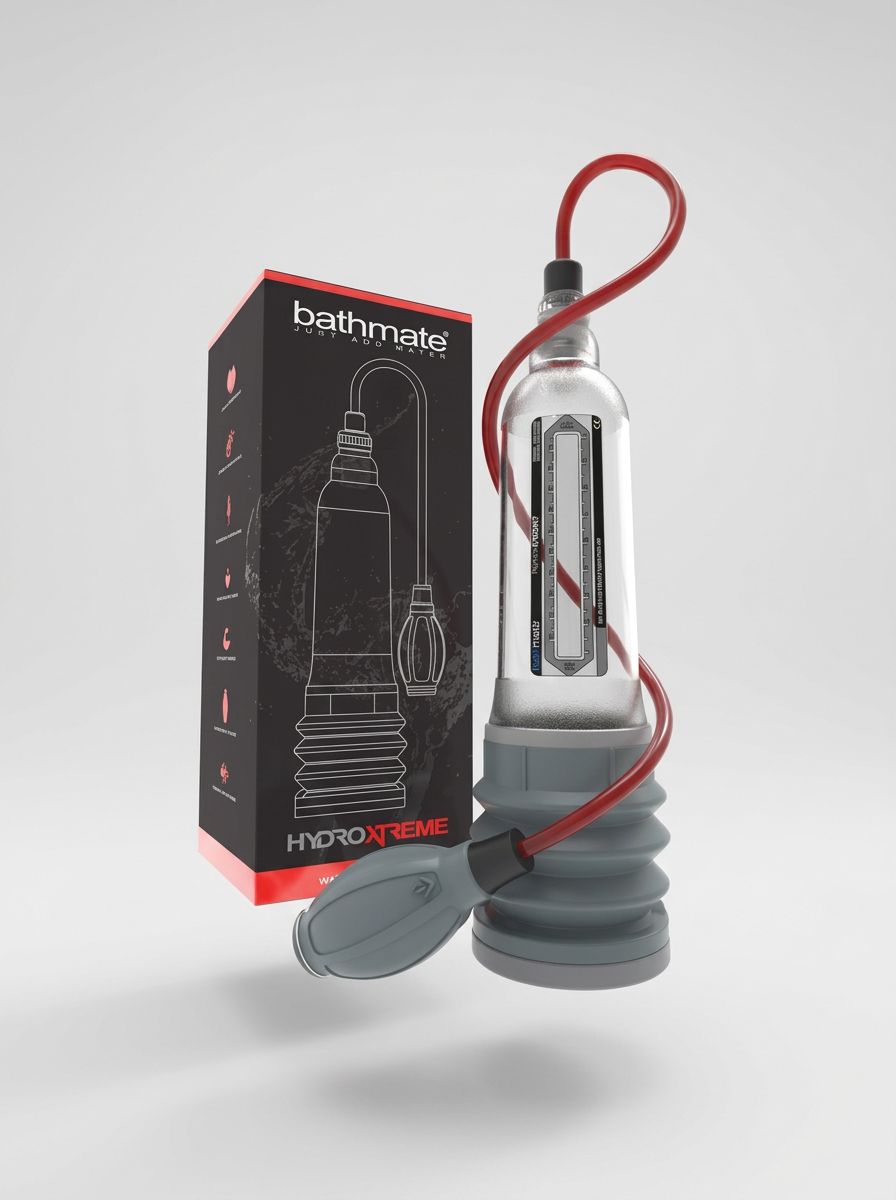 Clear Bathmate Hydroxtreme 9 penis pump from Pumps & Enlargers line, shown in transparent design with pump mechanism and hose.