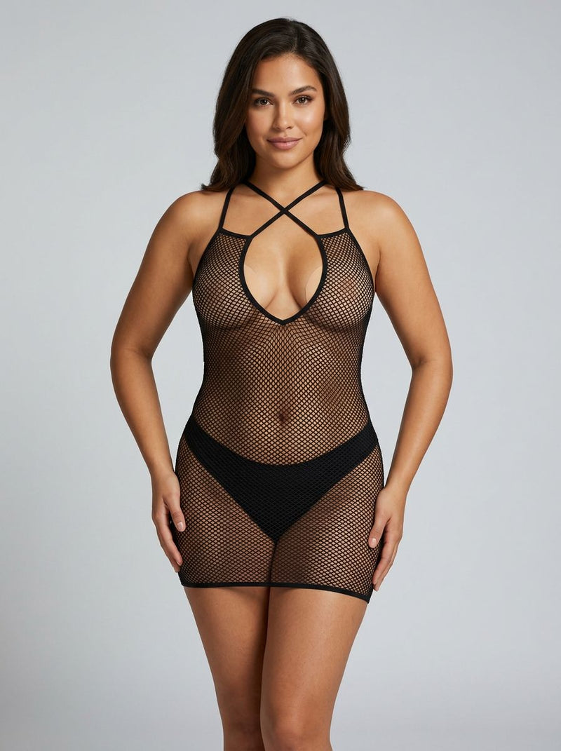 Pink Lipstick Spellbinding Fishnet Dress in Black, showcasing a luxurious body-hugging fit with a deep plunging neckline, perfect for adding an alluring touch to your boudoir collection. Ideal fishnet dress for confident styling.