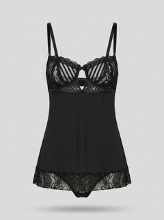 Stylish black multi strap microfiber and lace babydoll with underwire cups and g-string, perfect for sophisticated lingerie collections from Scandals.