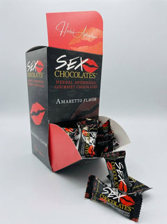 Two pieces of Sweet Treats Sex Chocolate, gourmet aphrodisiac chocolates for romantic indulgence, shown on a white background.