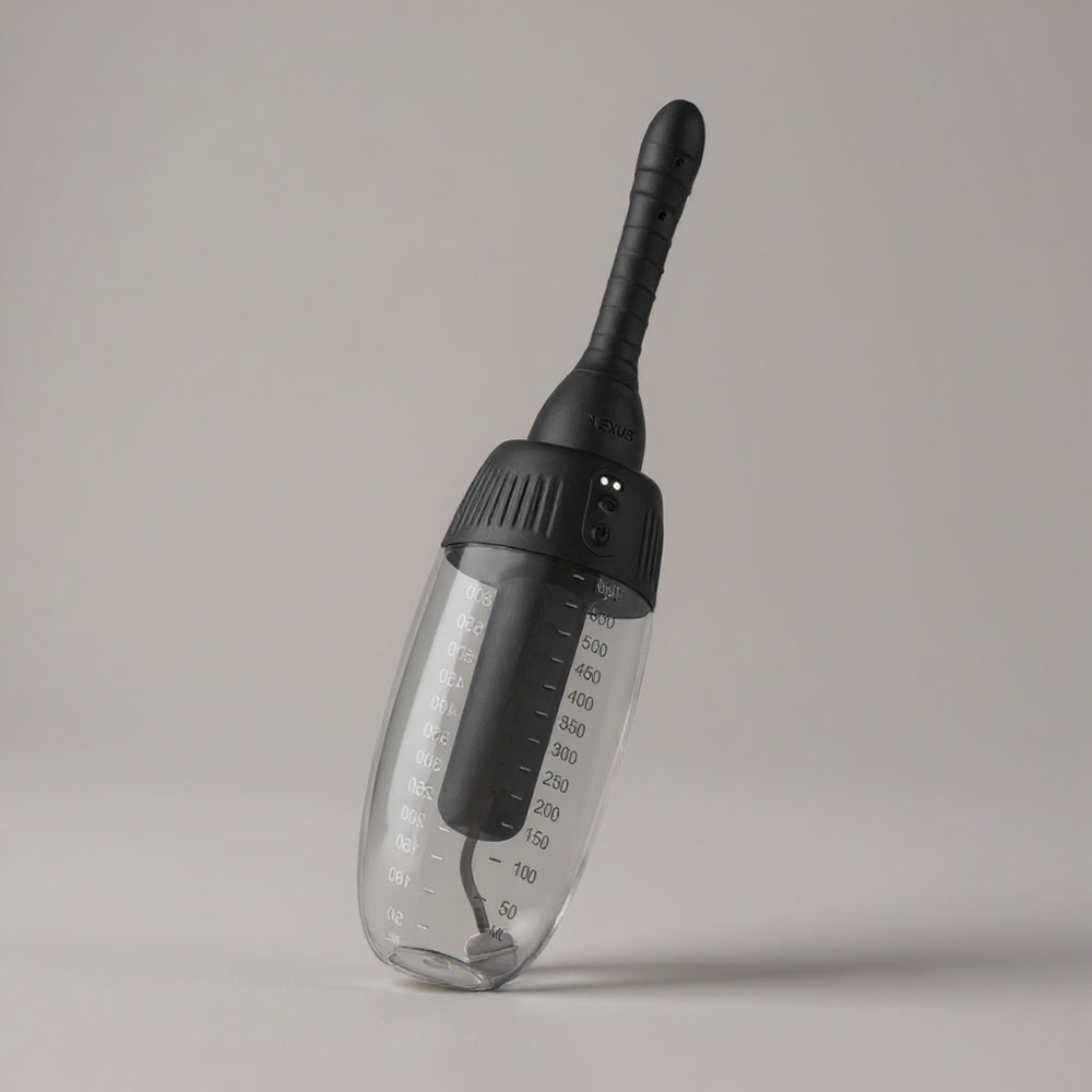 Nexus automatic rotating 360° anal douche with rechargeable remote control, showcasing its sleek design and cleansing system.