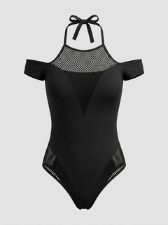 Glamorous black halter off shoulder teddy with smooth stretch fit, designed to accentuate feminine curves.