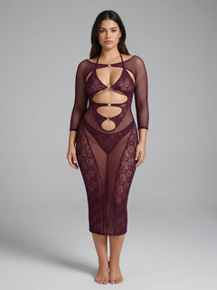 Dreamgirl Cherry Bodystocking Seamless Gown & Shrug Set featuring a luxurious cherry lacquer colour, designed for a bold look as a gown shrug set.