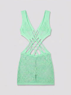 Stylish flat lay of the Fantasy Lingerie Yours Truly Seaglass Green Floral Knit Strappy Crossover Dress, highlighting the intricate knit patterns and elegance of the green strappy dress.