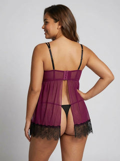 Seven Til Midnight Wine Eyelash Lace & Mesh Babydoll with matching thong, perfect for romantic nights and boudoir styling.