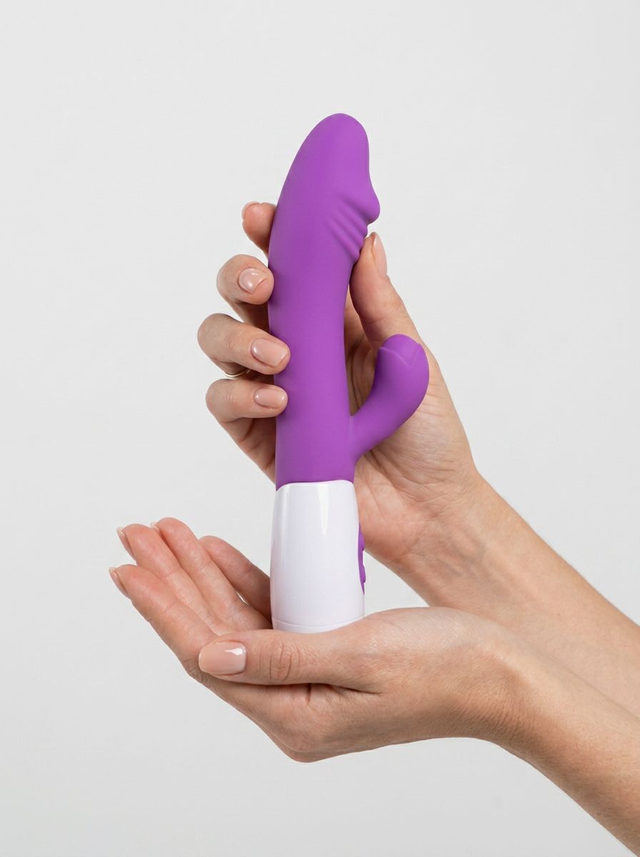 Loving Joy Jessica Rabbit semi-realistic rabbit vibrator with 10 functions, slimline design, 19cm length, shown in the image.