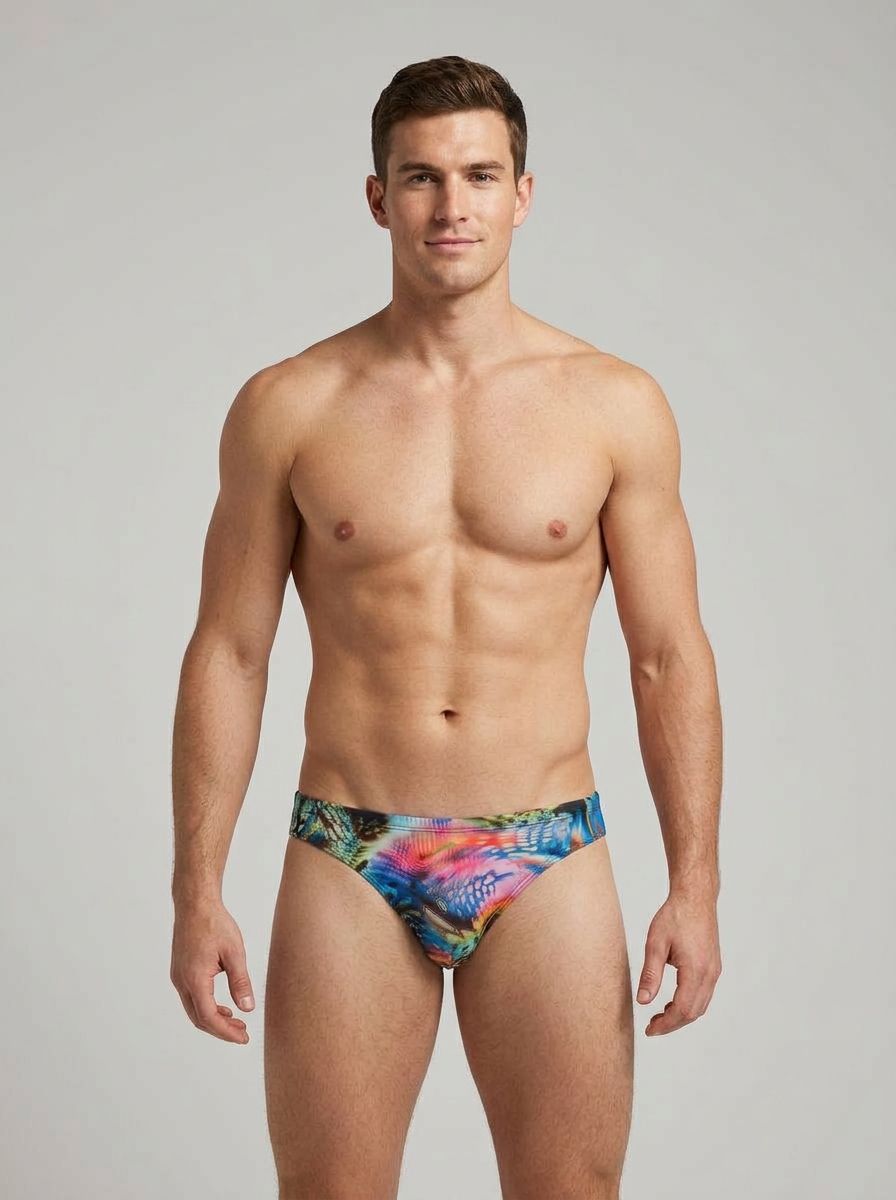 Male Power men's bikini briefs with bold Brazilian print, featuring a low-rise fit and comfortable waistband.