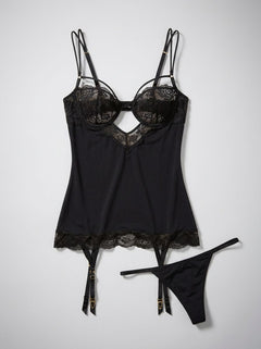 Full view of the Rene Rofe Rough Romance Black Lace Chemise Thong Set, perfect for gifting and styling with accessories, embodying elegance in the chemise thong set.