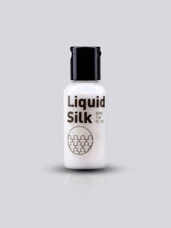 Bottle of Liquid Silk water-based silky personal lubricant with clear packaging and applicator tip, designed for smooth, comfortable use