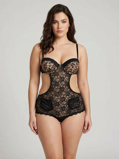 Stylish presentation of Baci Leopard Print & Lace Cut Out Basque Teddy, epitomising the allure of a designer leopard basque.