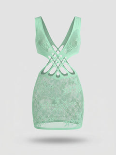 Artistic floating image of the Fantasy Lingerie Yours Truly Seaglass Green Floral Knit Strappy Crossover Dress showcasing its elegant crossover style and the inviting allure of the green strappy dress.