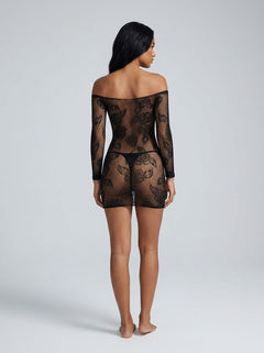 Rene Rofe Tie Breaker Black Long Sleeve Floral Lace Dress styled with accessories, perfect for layering as luxurious clubwear or seductive lingerie.