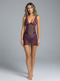 Rene Rofe Sneak Peak Purple Lace Chemise Set showcasing luxurious purple lace detail, ideal for seductive bedroom styling.