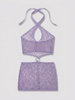 Flat lay of the Fantasy Lingerie Serendipity Lavender Rhinestone Leopard Knit Halter Keyhole Cutout Dress, displaying the stunning features of this leopard cutout dress.