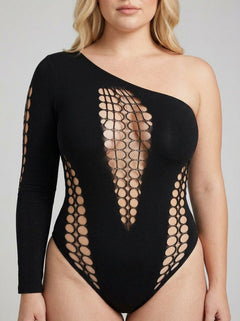Elegant Pink Lipstick Queen Size Black Mesh Cut Out One Sleeve Bodysuit highlighting bold mesh cut-out details and curve-enhancing silhouette, ideal for stylish boudoir or night out.