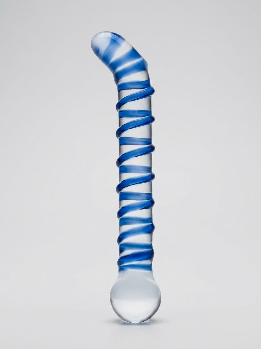 Glass 6.5-inch Mr Swirly G Spot glass dildo by Glas with ribbed texture for enhanced pleasure, displayed on a white background.