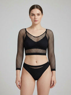 Lace by LJ Fence Net Crop Top and Bottoms Fishnet Set showcasing a luxurious long sleeve crop top with high-cut bottoms, perfect for fashionable lingerie ensembles and festival outfits.