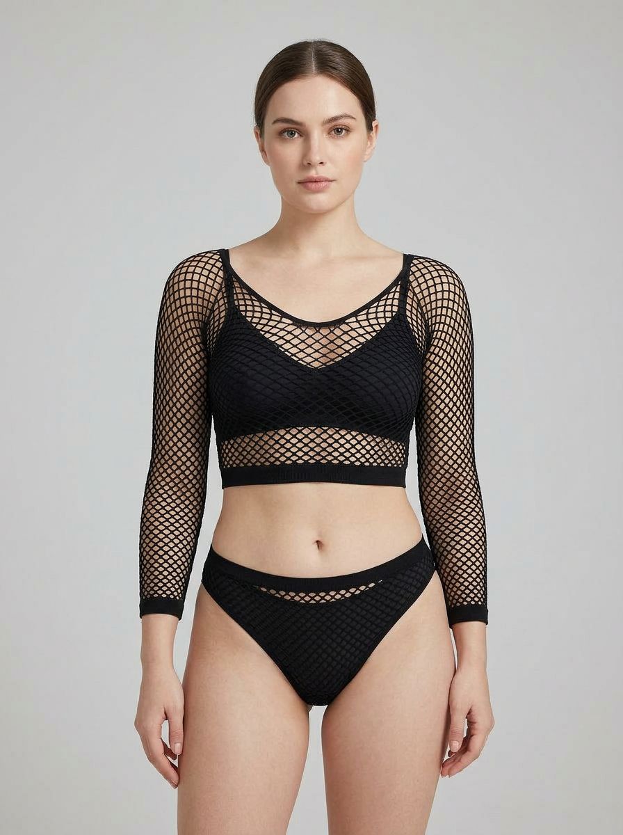 Lace by LJ Fence Net Crop Top and Bottoms Fishnet Set showcasing a luxurious long sleeve crop top with high-cut bottoms, perfect for fashionable lingerie ensembles and festival outfits.