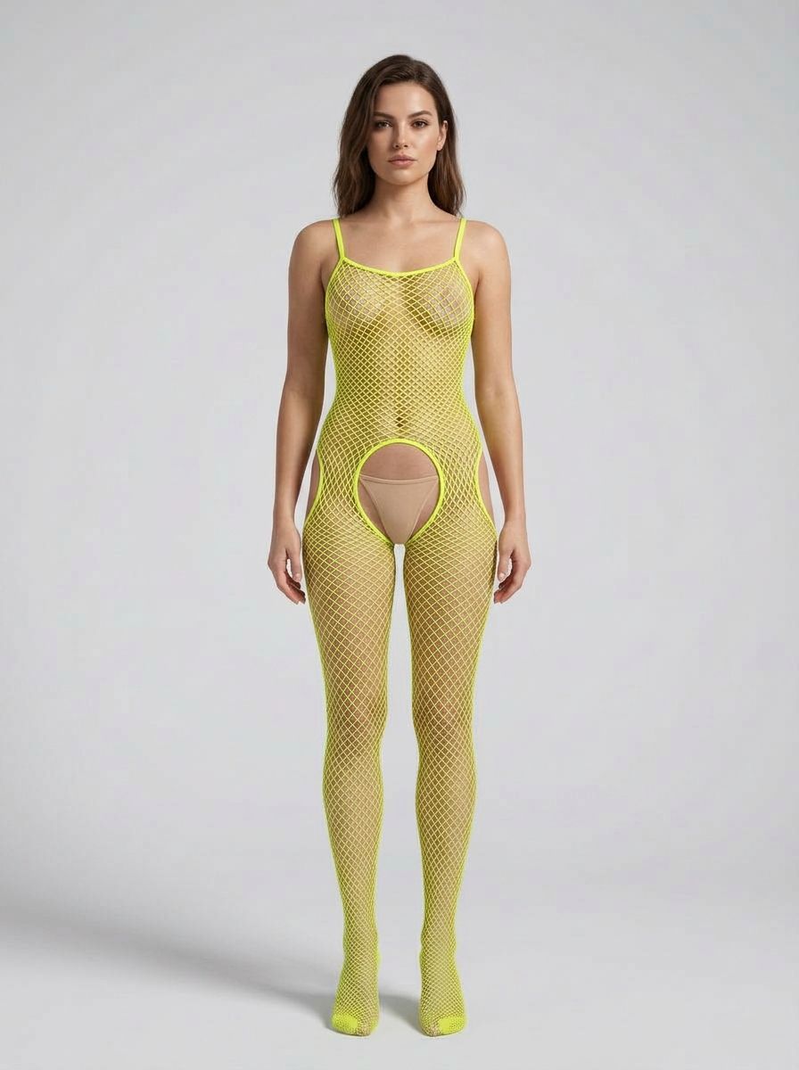 Rene Rofe Lime Green Industrial Net Fishnet Suspender Bodystocking showcasing a luxurious and bold design with open net fabric for a sultry look.