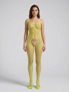 Rene Rofe Lime Green Industrial Net Fishnet Suspender Bodystocking showcasing a luxurious and bold design with open net fabric for a sultry look.