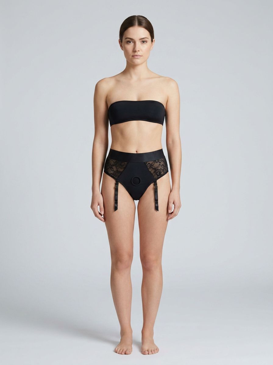 Laced Seductress 3-in-1 crotchless panty strap-on harness by Strap U, featuring lace details and adjustable straps.