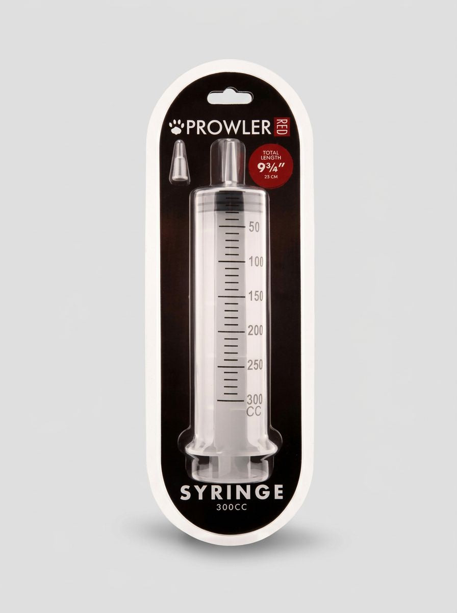 Prowler RED 300cc syringe for hygiene use, featuring a clear plastic body and red plunger for easy identification.
