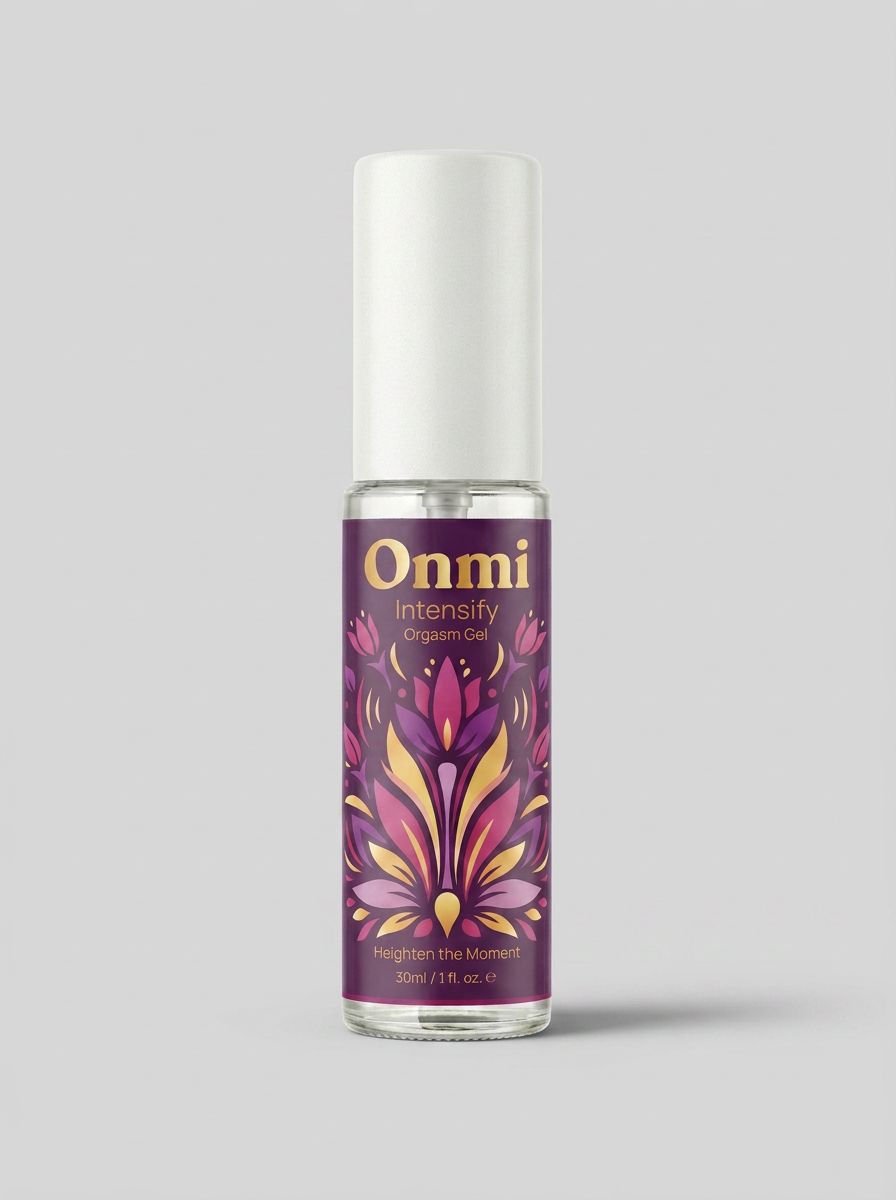 Onmi Intensify Orgasm Liquid Vibrator Gel 30ml standing upright, premium orgasm gel bottle with elegant botanical design