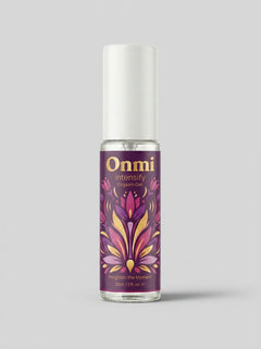 Onmi Intensify Orgasm Liquid Vibrator Gel 30ml standing upright, premium orgasm gel bottle with elegant botanical design