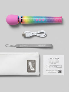Le Wand Petite Vibrating Massager Wand demonstrating the colourful Rainbow Ombre finish, ideal for stylish personal pleasure.