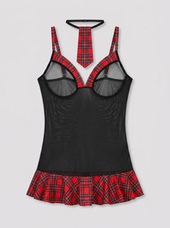 Chic shot of the Magic Silk Varsity Vixen Cupless Cut Out Uniform Set, featuring a flouncy skirt and matching necktie, ideal for playful romantic evenings.