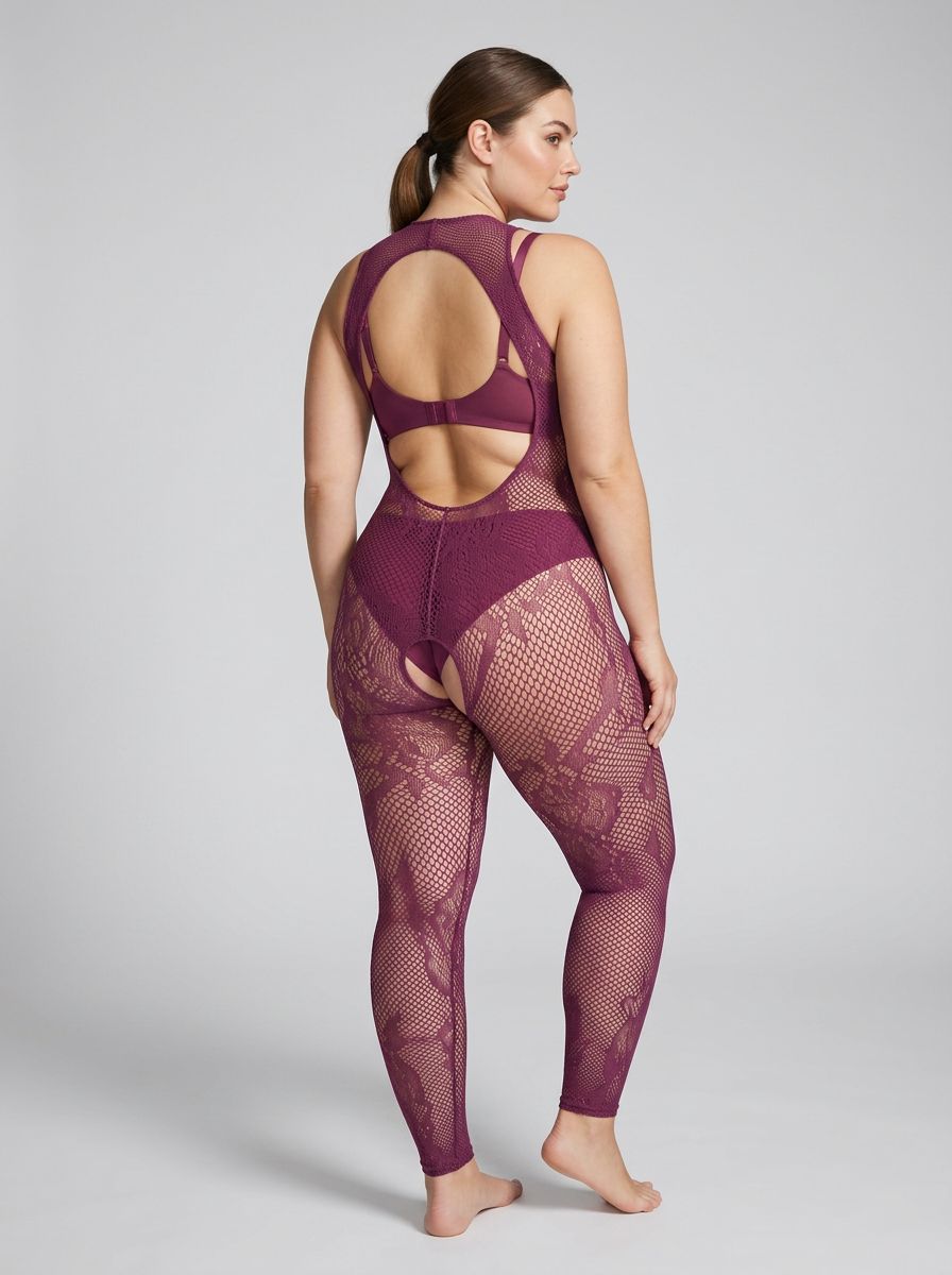Fantasy Lingerie Magenta floral open-back crotchless bodystocking featuring an elegant, sheer design with intricate floral patterns.