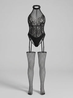 Close-up view of the Lace by LJ Floral Lace & Net Halter Suspender Bodystocking Black, highlighting the delicate floral lace and seductive open net detailing. A perfect piece for romantic evenings and luxurious lingerie experiences, this floral suspender bodystocking offers confidence and allure.