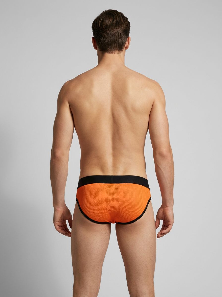 Male Power Mustang men's bikini briefs in neon orange and yellow, showcasing bright, snug-fitting underwear made from smooth fabric.