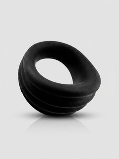 HunkyJunk Expander Silicone Cock & Ball Ring in Black Fog, angled profile showing the ribbed silicone cock ring finish