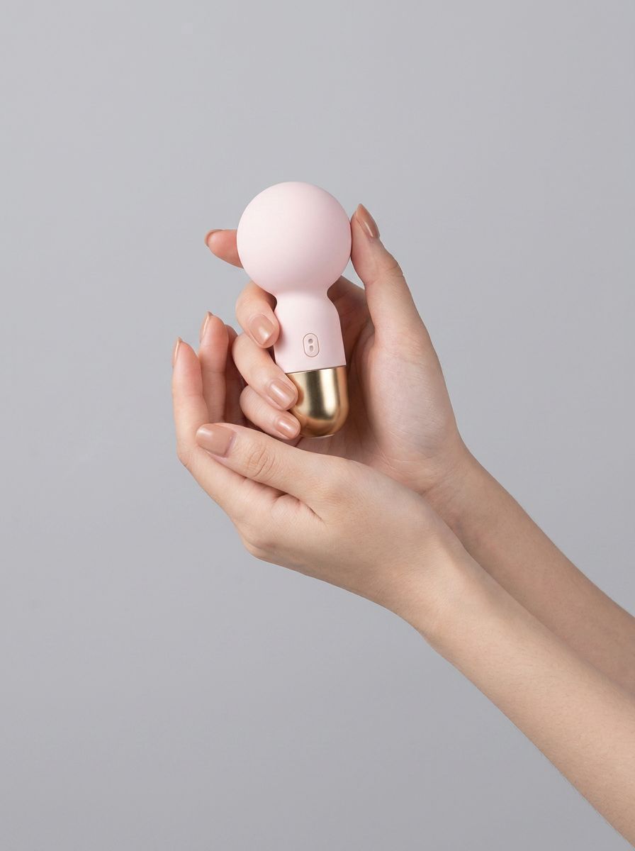 Pokewan Pocket Mini Vibrating Wand Massager held in one hand, showcasing its compact mini wand design in pale pink