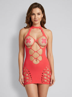 Model wearing the Fantasy Lingerie Neon Pink Aphrodisiac UV Reactive Open Cup Halter Dress, showcasing its seductive open cup design and cut-out details in an elegant setting.