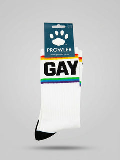 Prowler RED men's rainbow striped cotton crew socks with gay slogan design, casual and colorful footwear.