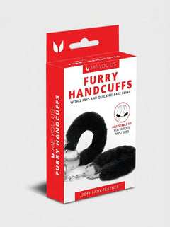 Me You Us Fluffy Quick Release Handcuffs - premium packaging of fluffy cuffs featuring adjustable fit details, designed for luxurious light bondage play.