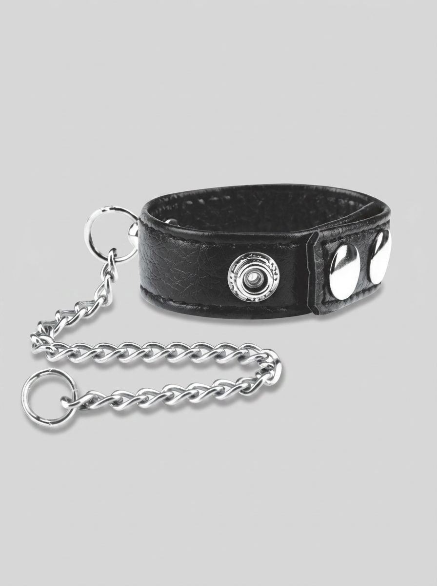 Close-up of the Blue Line Snap Cock Ring With Leash, showcasing its luxurious design and high-quality materials, perfect for enhancing pleasure.