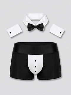 Flat lay of the Male Power Butt-Ler Men's Sexy Butler Costume Set, presenting the complete outfit with bow tie collar and elegant fitted design of this must-have sexy butler costume.