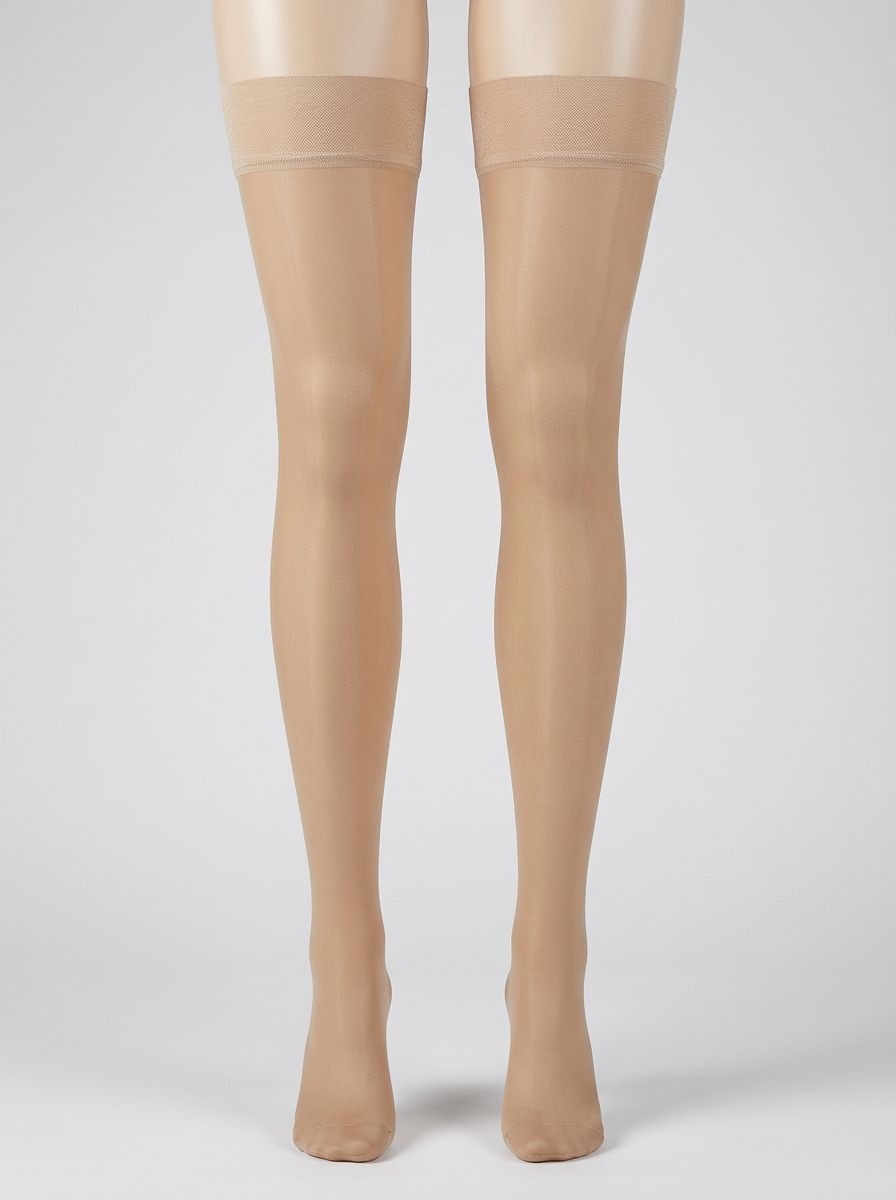 Goldenlegs 10 Denier sheer thigh-high stockings in a 2-pack, showcasing smooth, transparent hosiery with a comfortable fit.