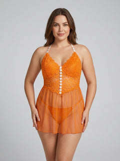 Dreamgirl Orange Floral Lace Babydoll and G-String Set featuring delicate floral lace design, perfect for romantic evenings. A luxurious floral lace babydoll that enhances feminine elegance.