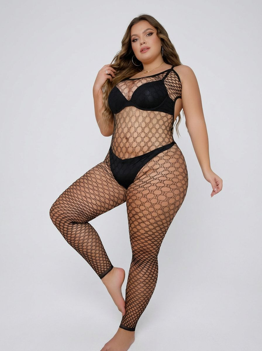 Lace by LJ Plus Size Footless Crochet Bodystocking in black, a luxurious sheer footless bodystocking with a flattering stretch fit