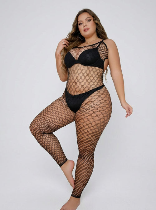 Lace by LJ Plus Size Footless Crochet Bodystocking in black, a luxurious sheer footless bodystocking with a flattering stretch fit