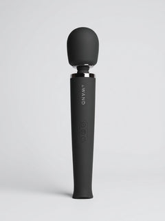 Le Wand Rechargeable Wand Massager Vibrator Black standing upright against a light background, highlighting its sleek ergonomic design and control buttons.